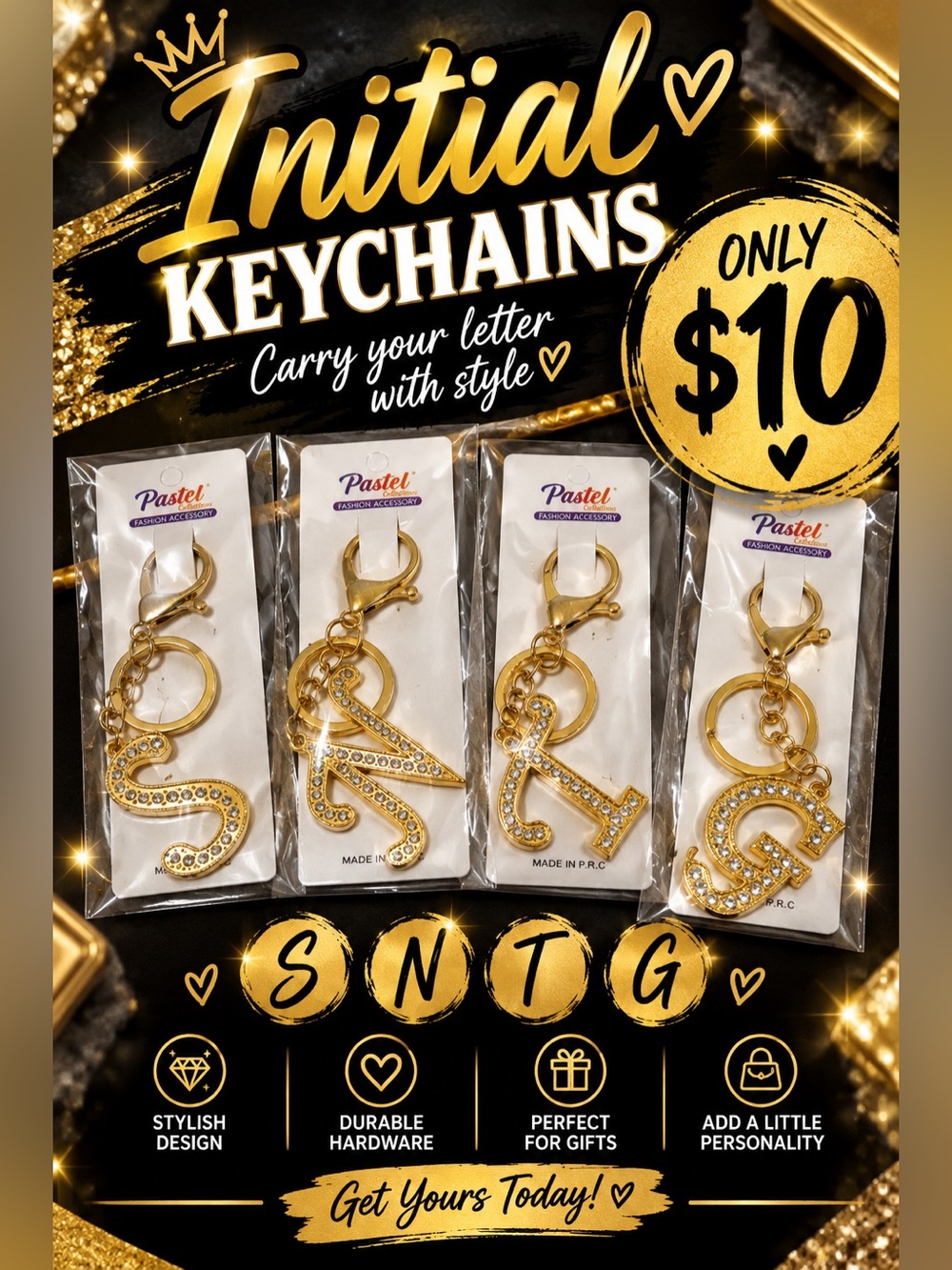 Gold Letter Keychains - S N T G Rhinestone Initial Charms
